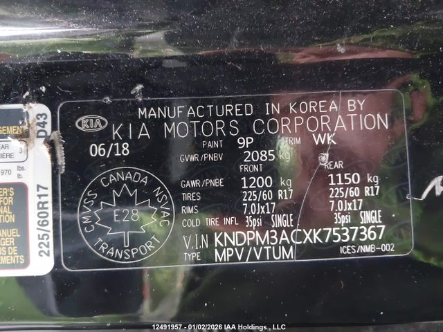 12491957 :رقم المزاد ، KNDPM3ACXK7537367 vin ، 2019 Kia Sportage مزاد بيع