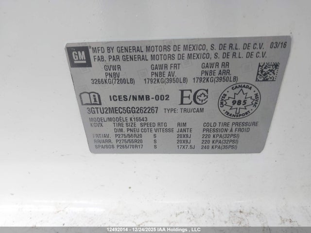 3GTU2MEC5GG262267 GMC Sierra K1500 Sle