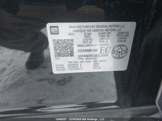 2022 Cadillac Xt5 მანქანა იყიდება აუქციონზე, vin: 1GYKNDRS1NZ114396, აუქციონის ნომერი: 12492027