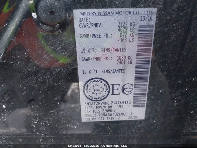 5N1AT2MV4HC740802 Nissan Rogue Sv/sl