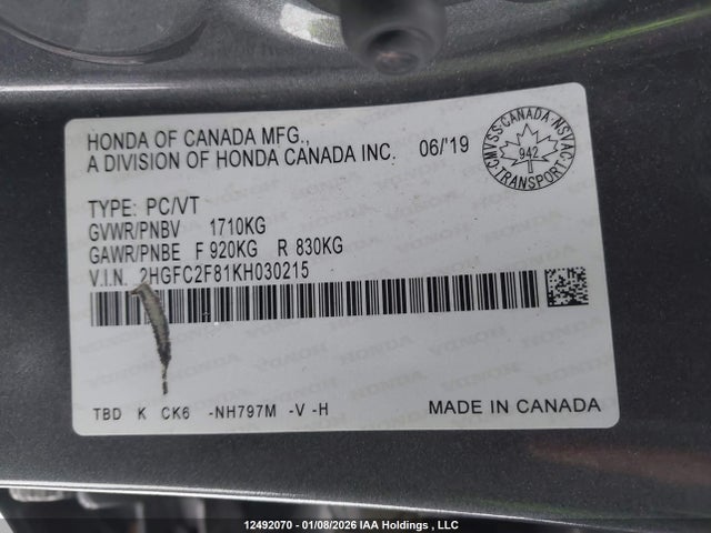 2HGFC2F81KH030215 Honda Civic Sport