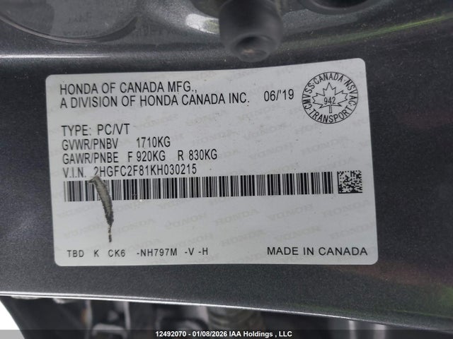 2HGFC2F81KH030215 Honda Civic Sport
