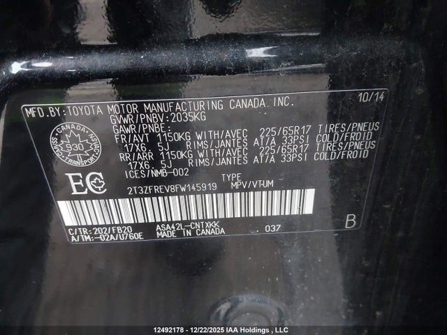 2T3ZFREV8FW145919 Toyota RAV4 LE
