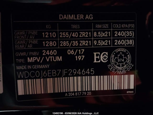 12492198 :رقم المزاد ، WDC0J6EB7JF294645 vin ، 2018 Mercedes-benz Glc Coupe 43 4matic Amg مزاد بيع