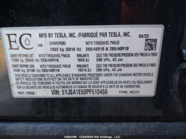 Auction sale of the 2023 Tesla Model S Awd/standard Range, vin: 5YJSA1E50PF510456, lot number: 12492199