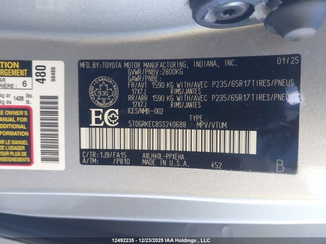 2025 Toyota Sienna Le 8-passenger მანქანა იყიდება აუქციონზე, vin: 5TDGRKEC8SS240688, აუქციონის ნომერი: 12492235
