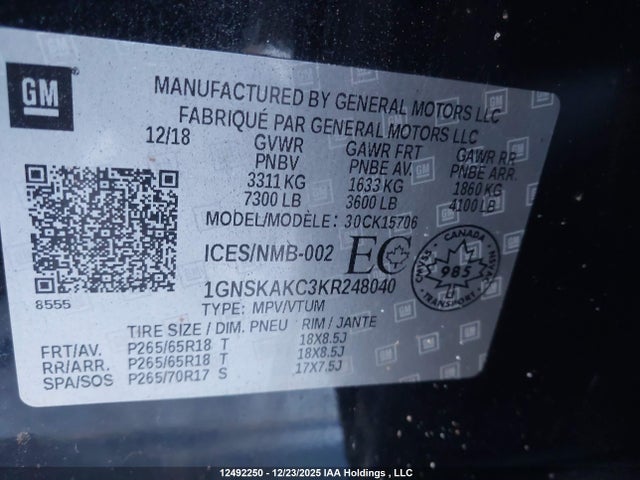 1GNSKAKC3KR248040 Chevrolet Tahoe Ls