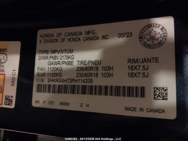2HKRS4H73PH114209 Honda Cr-v Ex-l