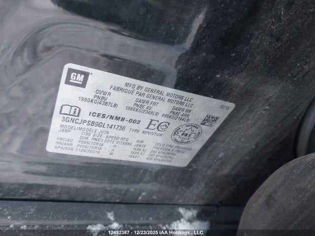 Продаж на аукціоні авто 2016 Chevrolet Trax 1lt, vin: 3GNCJPSB9GL141736, номер лоту: 12492387