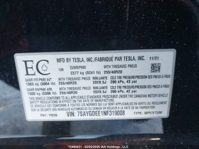 7SAYGDEE1NF319008 Tesla Model Y Long Range