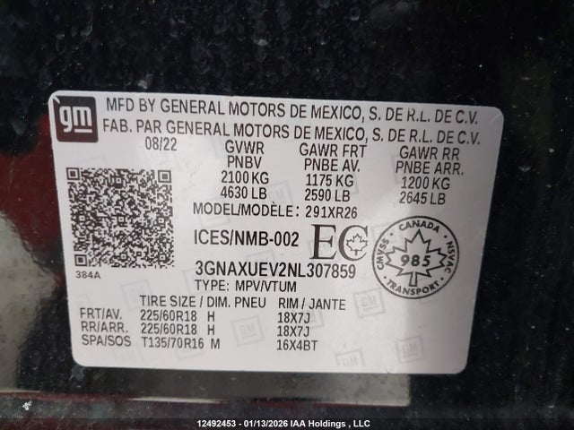 2022 Chevrolet Equinox Lt მანქანა იყიდება აუქციონზე, vin: 3GNAXUEV2NL307859, აუქციონის ნომერი: 12492453
