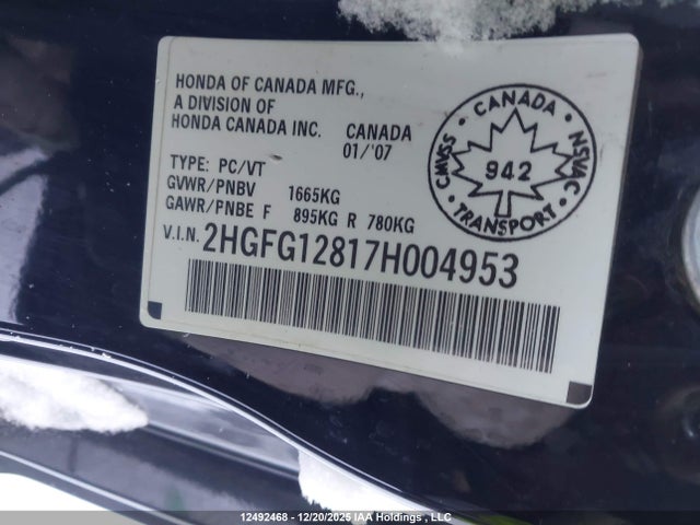 2007 Honda Civic Ex მანქანა იყიდება აუქციონზე, vin: 2HGFG12817H004953, აუქციონის ნომერი: 12492468