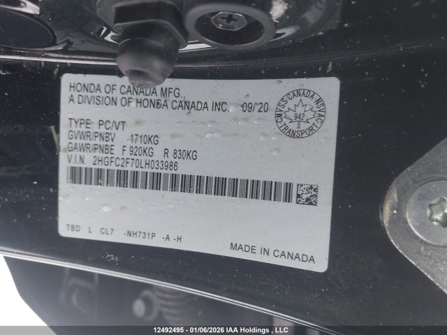 Aukcja sprzedaży 2020 Honda Civic Ex, vin: 2HGFC2F70LH033986, numer aukcji: 12492495
