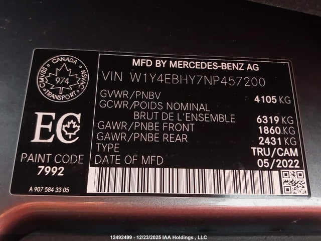 Aukcja sprzedaży 2022 Mercedes-benz Sprinter 2500, vin: W1Y4EBHY7NP457200, numer aukcji: 12492499