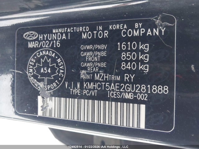 KMHCT5AE2GU281888 Hyundai ACCENT L