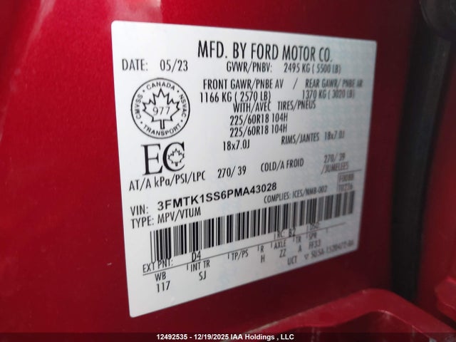 2023 Ford Mustang Mach-e Select მანქანა იყიდება აუქციონზე, vin: 3FMTK1SS6PMA43028, აუქციონის ნომერი: 12492535
