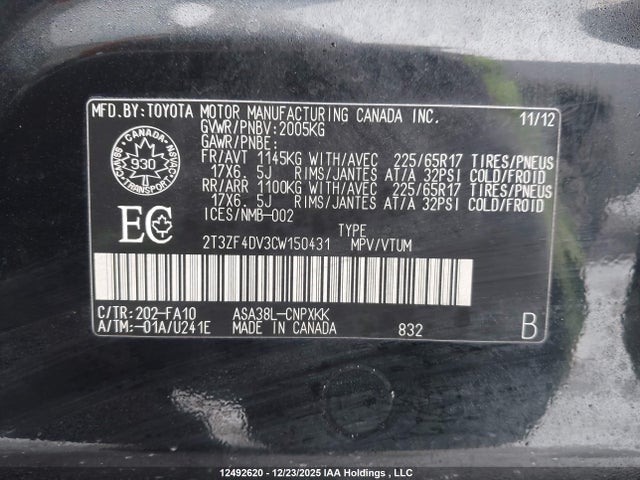 12492620 :رقم المزاد ، 2T3ZF4DV3CW150431 vin ، 2012 Toyota Rav4 مزاد بيع