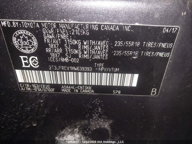 2T3JFREV1HW639393 Toyota RAV4 SE