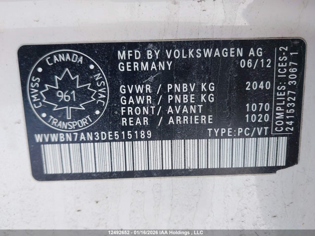 Продажа на аукционе авто 2013 Volkswagen Cc Sportline, vin: WVWBN7AN3DE515189, номер лота: 12492652