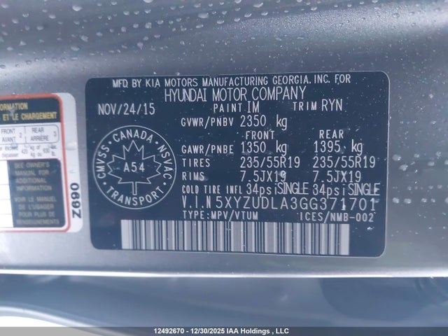 5XYZUDLA3GG371701 Hyundai Santa Fe Sport 2.0t Limited