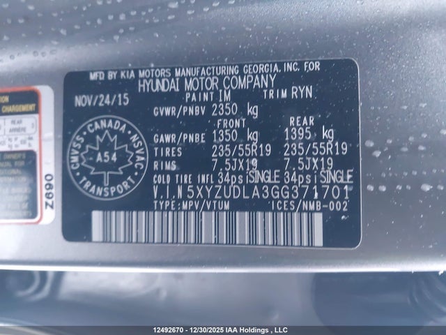 5XYZUDLA3GG371701 Hyundai Santa Fe Sport 2.0t Limited