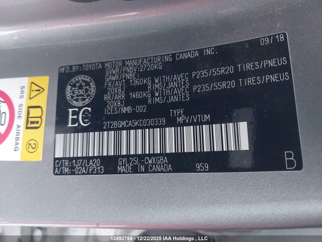 12492754 :رقم المزاد ، 2T2BGMCA5KC030339 vin ، 2019 Lexus Rx 450h مزاد بيع