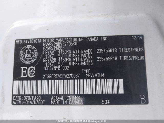 Продажа на аукционе авто 2015 Toyota Rav4 Xle, vin: 2T3RFREV5FW270067, номер лота: 12492768