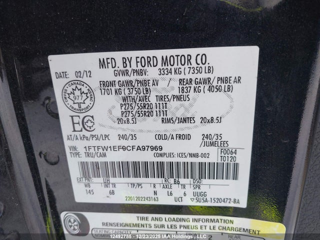 2012 Ford F150 Supercrew მანქანა იყიდება აუქციონზე, vin: 1FTFW1EF9CFA97969, აუქციონის ნომერი: 12492785