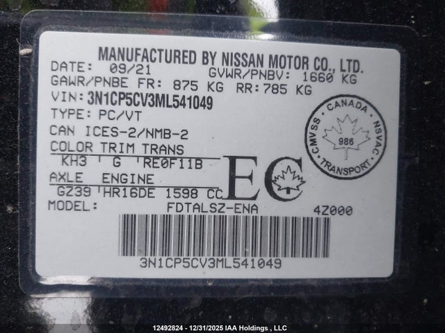 3N1CP5CV3ML541049 Nissan KICKS SV