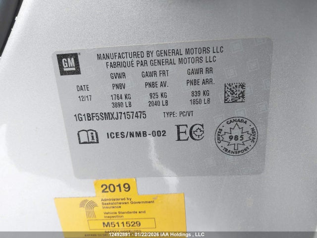 1G1BF5SMXJ7157475 Chevrolet Cruze Premier