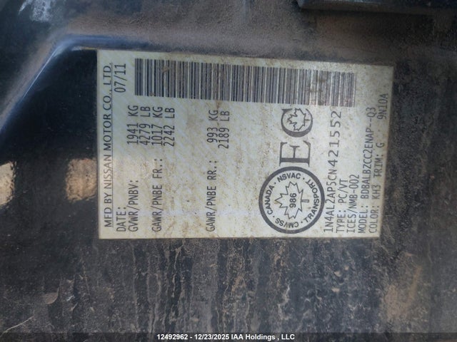 2012 Nissan Altima 2.5 S მანქანა იყიდება აუქციონზე, vin: 1N4AL2AP5CN421552, აუქციონის ნომერი: 12492962