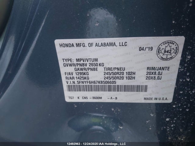 5FNYF6H67KB506605 Honda Pilot