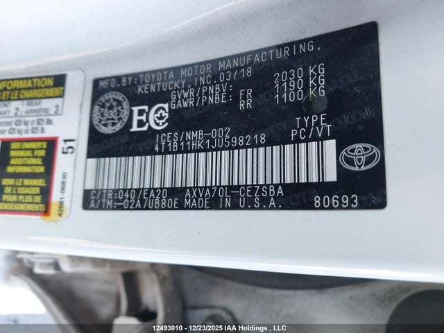 4T1B11HK1JU598218 Toyota CAMRY SE