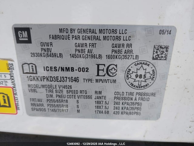 1GKKVPKD3EJ371646 GMC Acadia Sle2