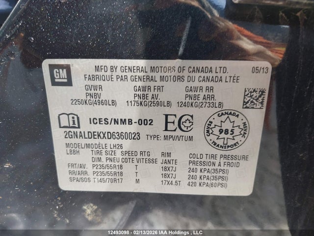 12493098 :رقم المزاد ، 2GNALDEKXD6360023 vin ، 2013 Chevrolet Equinox 1lt مزاد بيع