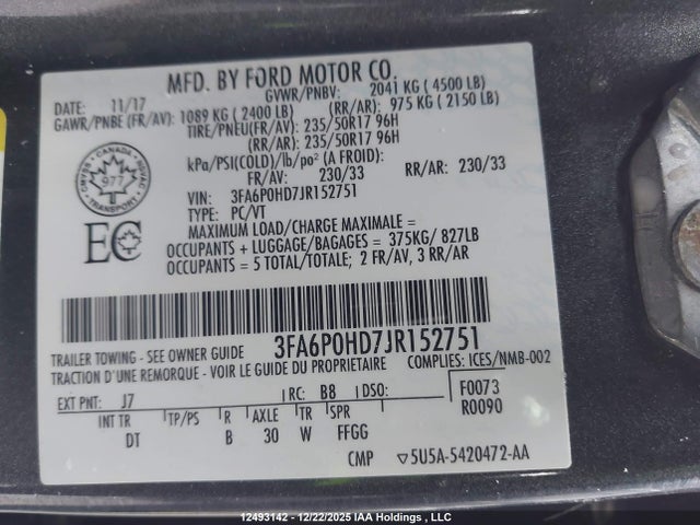3FA6P0HD7JR152751 Ford FUSION SE