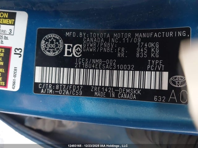 12493165 :رقم المزاد ، 2T1BU4EE5AC310032 vin ، 2010 Toyota Corolla S مزاد بيع