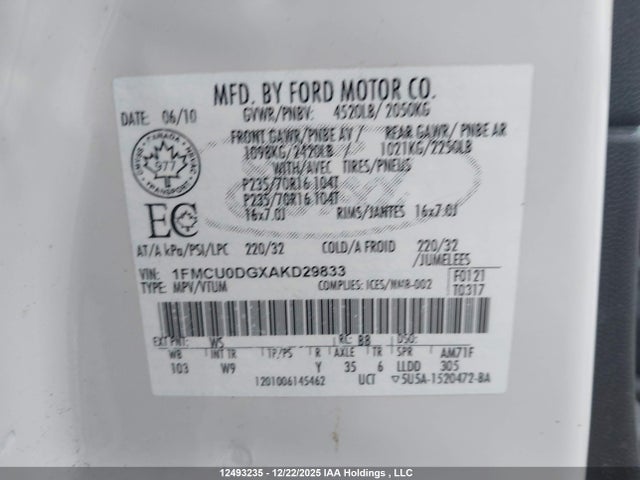 Aukcja sprzedaży 2010 Ford Escape Xlt Automatic, vin: 1FMCU0DGXAKD29833, numer aukcji: 12493235