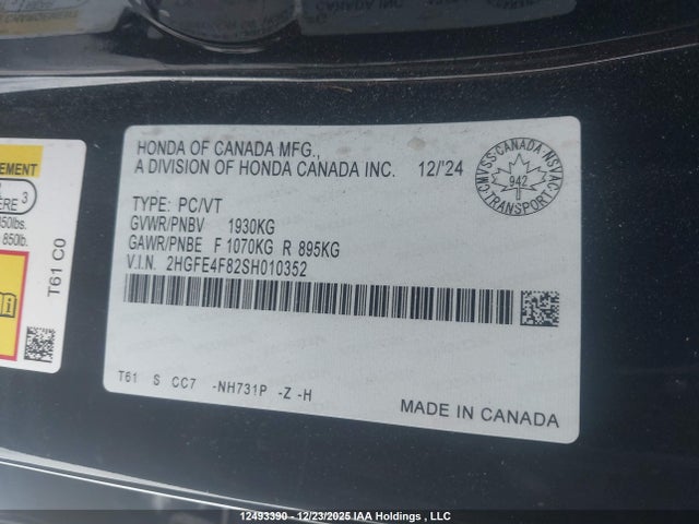 12493390 :رقم المزاد ، 2HGFE4F82SH010352 vin ، 2025 Honda Civic Hybrid Sport/sport Touring مزاد بيع