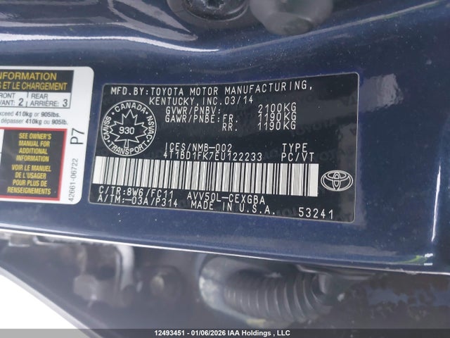 4T1BD1FK7EU122233 Toyota Camry Hybrid/le/xle