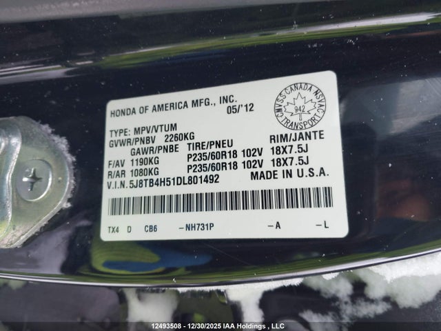 12493508 :رقم المزاد ، 5J8TB4H51DL801492 vin ، 2013 Acura Rdx مزاد بيع