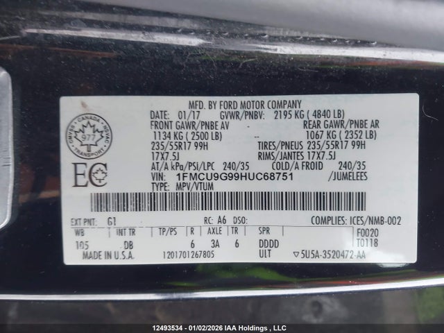 Ford ESCAPE SE 2017 1FMCU9G99HUC68751 Image 9