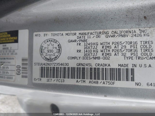 2007 Toyota Tacoma Access Cab მანქანა იყიდება აუქციონზე, vin: 5TEUU42N37Z354630, აუქციონის ნომერი: 12493553