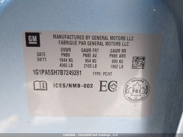 Продаж на аукціоні авто 2011 Chevrolet Cruze Ls, vin: 1G1PA5SH7B7249281, номер лоту: 12493606