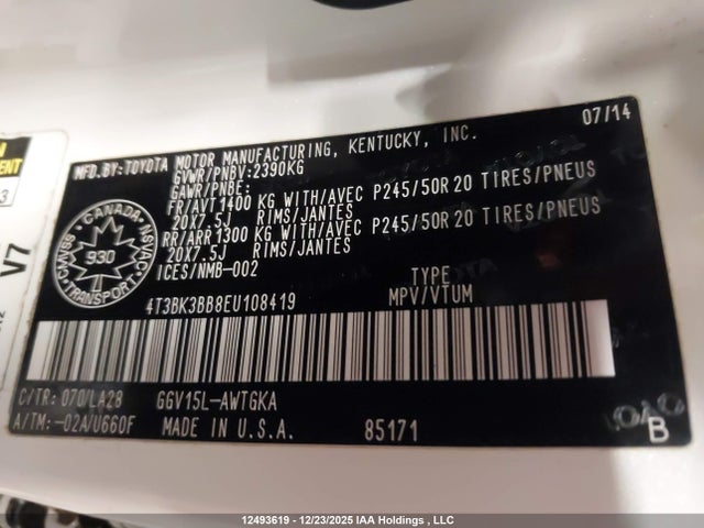 4T3BK3BB8EU108419 Toyota Venza Le/xle/limited