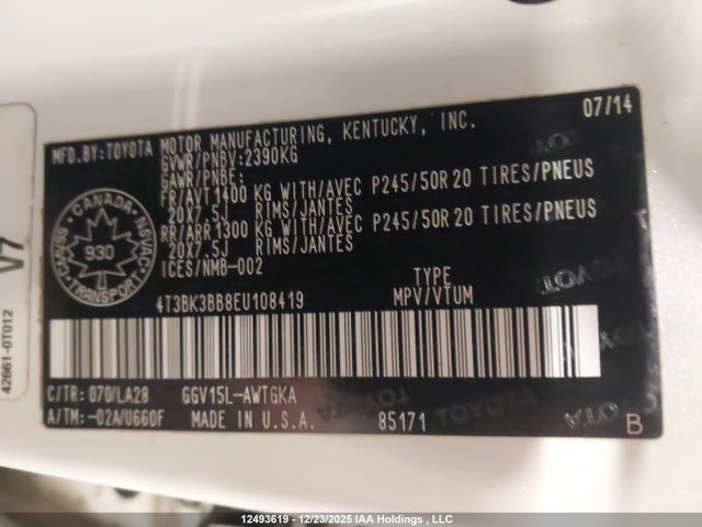 4T3BK3BB8EU108419 Toyota Venza Le/xle/limited
