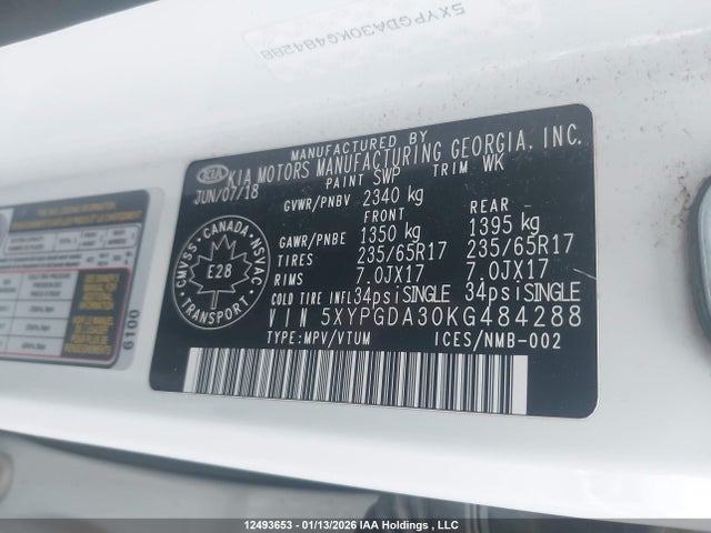 5XYPGDA30KG484288 KIA Sorento 2.4l Lx