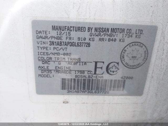 Aukcja sprzedaży 2016 Nissan Sentra 1.8 S/1.8 Sl/1.8 Sr/1.8 Sv, vin: 3N1AB7AP3GL637726, numer aukcji: 12493678