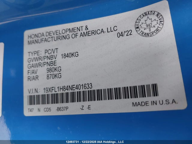 19XFL1H84NE401633 Honda Civic Sport Touring