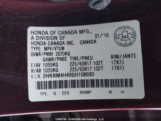 12493756 :رقم المزاد ، 2HKRM4H49GH108690 vin ، 2016 Honda Cr-v Se مزاد بيع